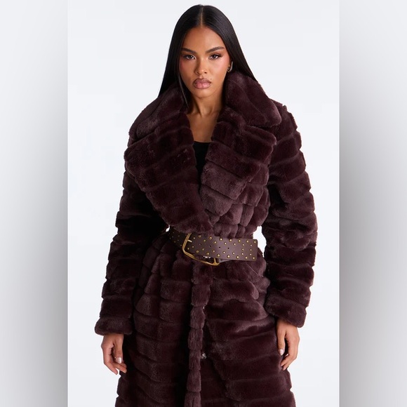 NWT Fashion Nova Vivienne Faux Fur Trench Maxi Coat Chocolate Brown Luxe - Picture 5 of 17